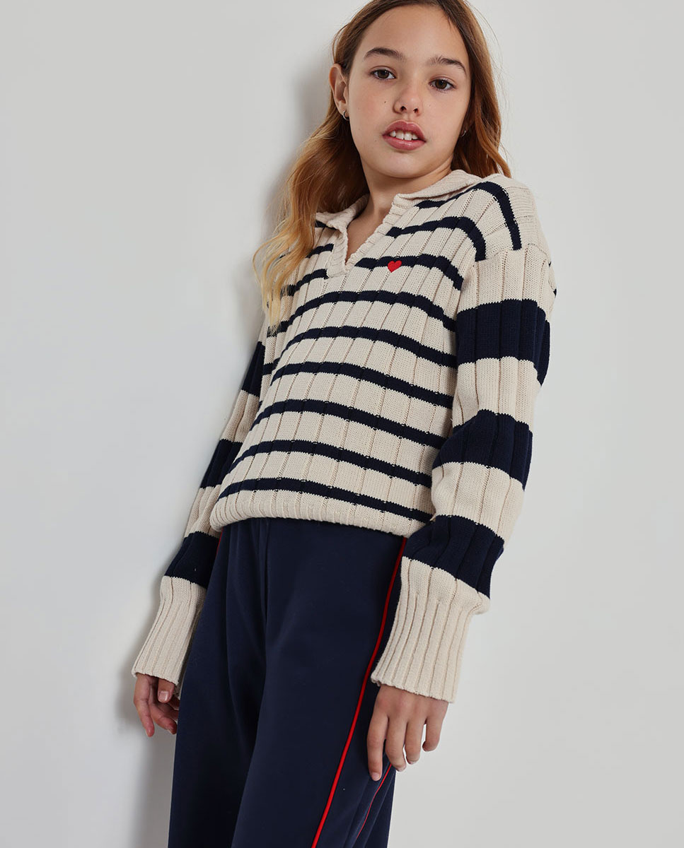 Jersey de niña de algodón de manga larga con cuello polo - Boboli - Natural Natural-1