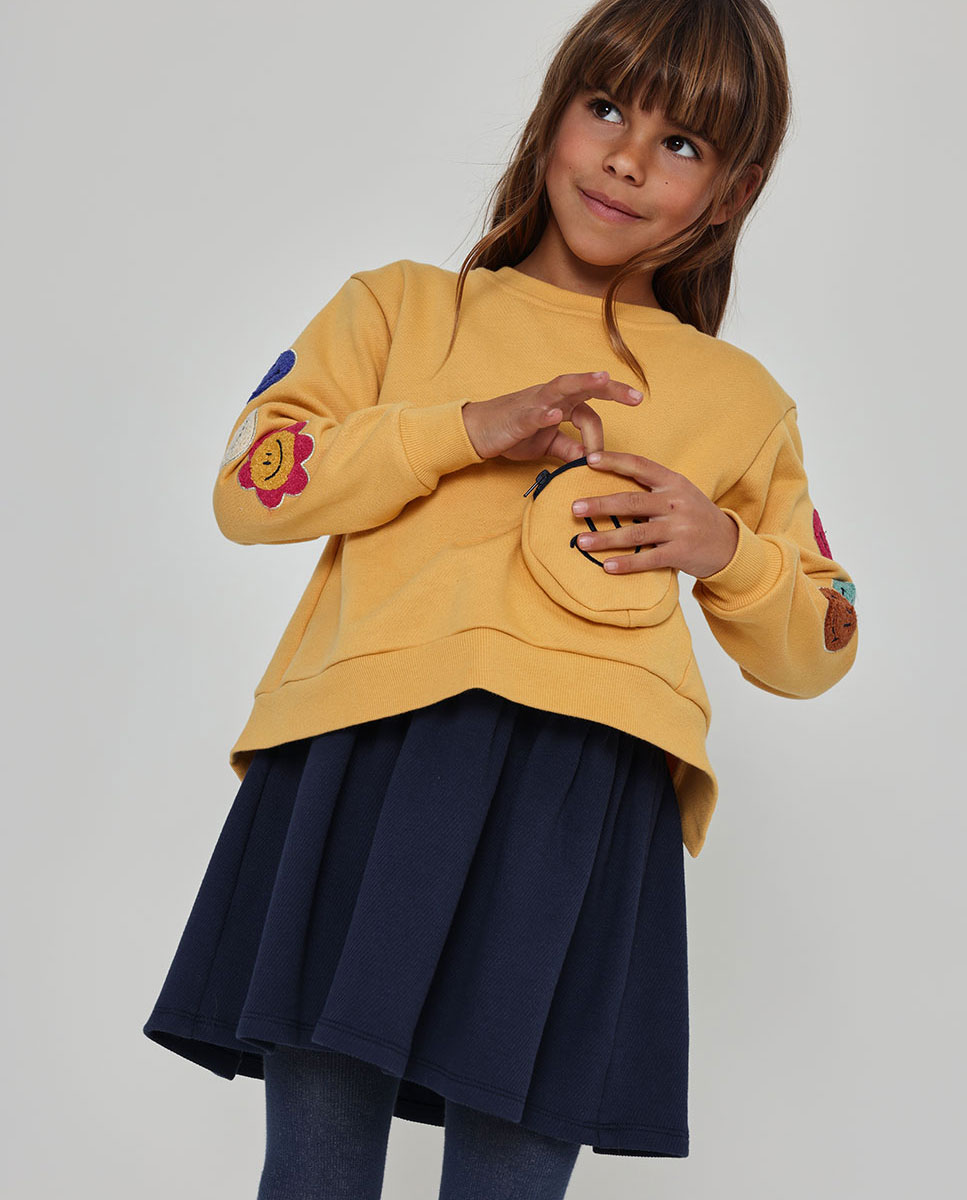 Vestido de felpa de niña de manga larga y cuello redondo - Boboli - Azul marino Azul marino-2