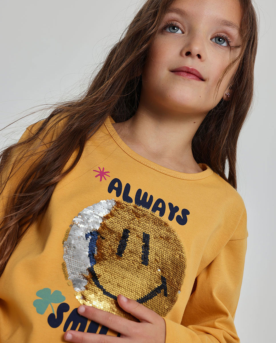 Imagen 0 de Camiseta de niña de algodón de manga larga con cuello redondo Multicolor
