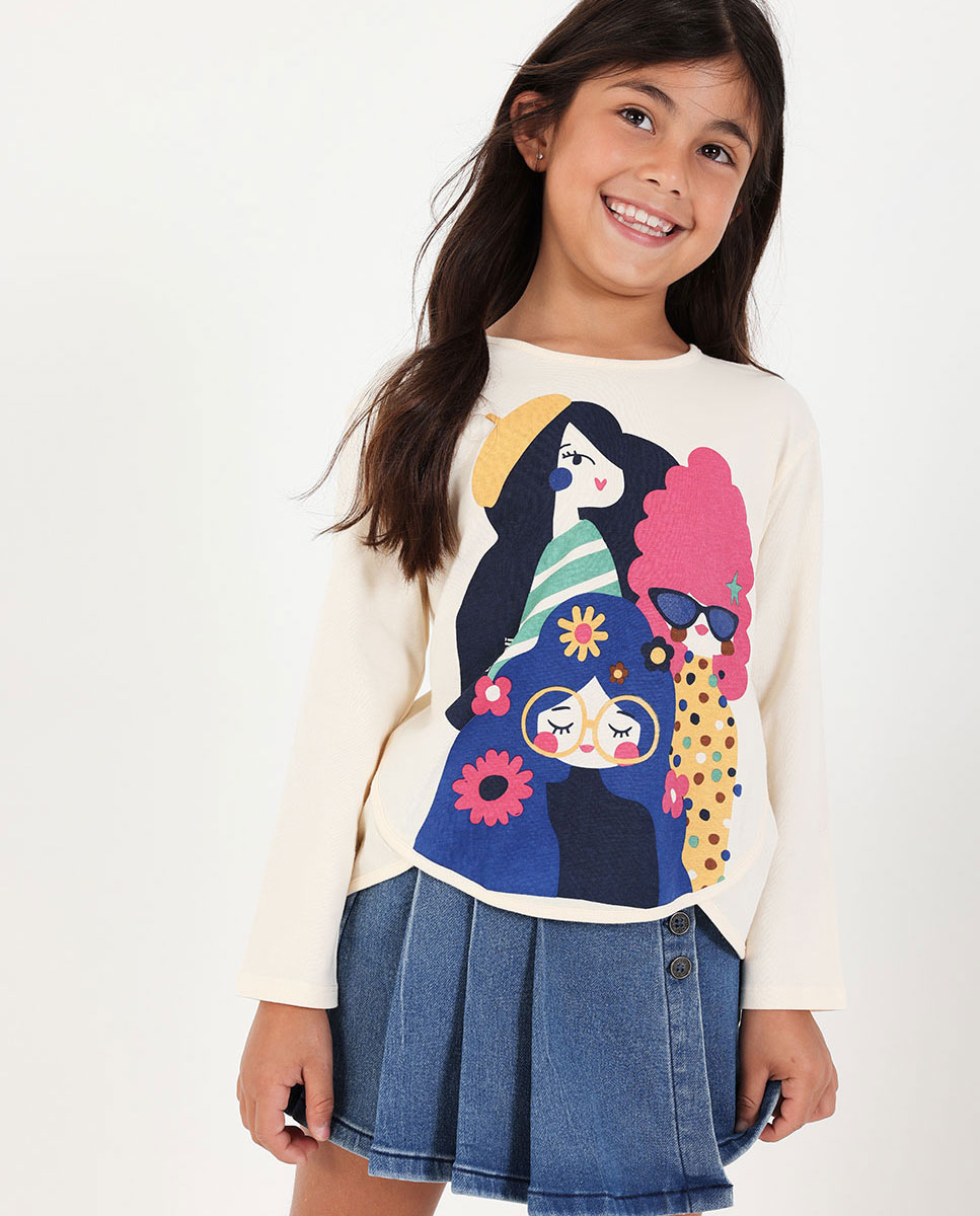 Camiseta de niña de algodón de manga larga con cuello redondo - Boboli - Multicolor Multicolor-1