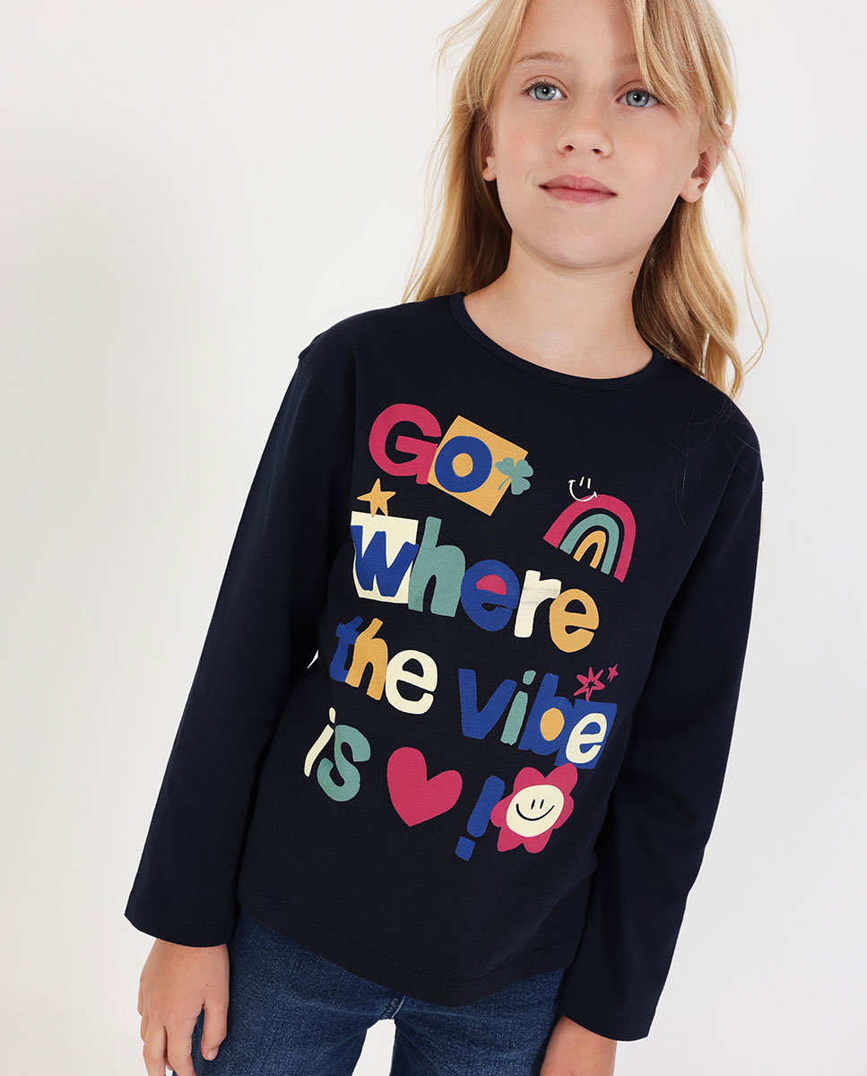 Imagen 0 de Camiseta de niña de algodón de manga larga con cuello redondo Multicolor