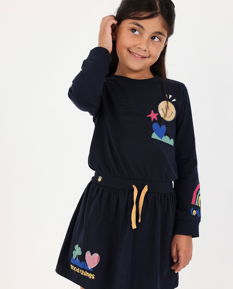 Imagen 0 de Vestido de punto de niña de algodón y manga larga Multicolor