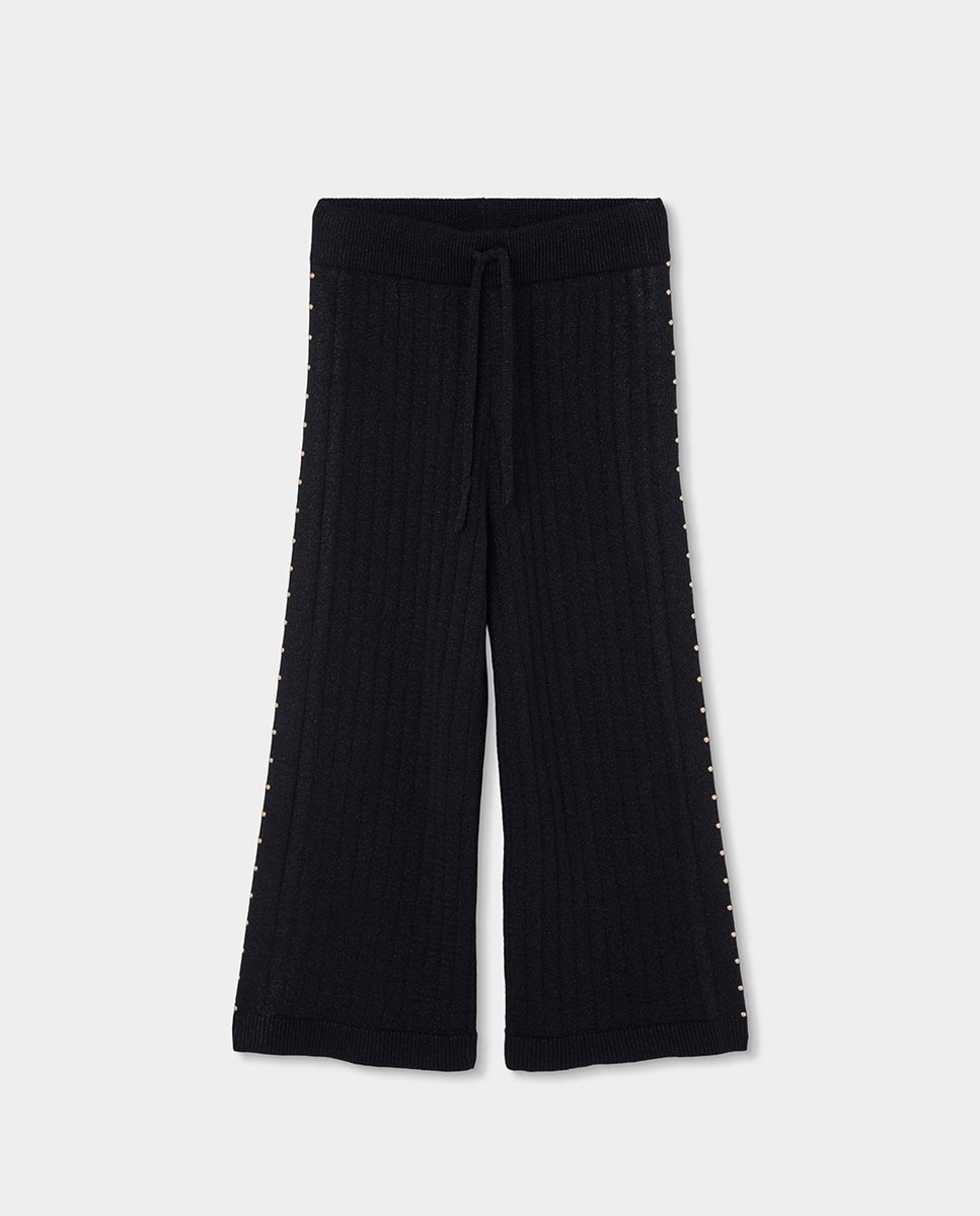 Imagen 1 de Pantalón de punto de niña amplio de tiro alto - Boboli - Negro / Blanco Negro / Blanco