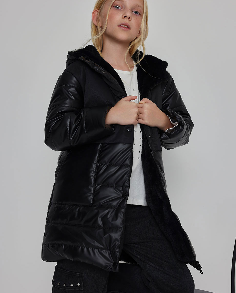 Chaqueta de niña con capucha y cremallera - Boboli - Negro / Blanco Negro / Blanco-1