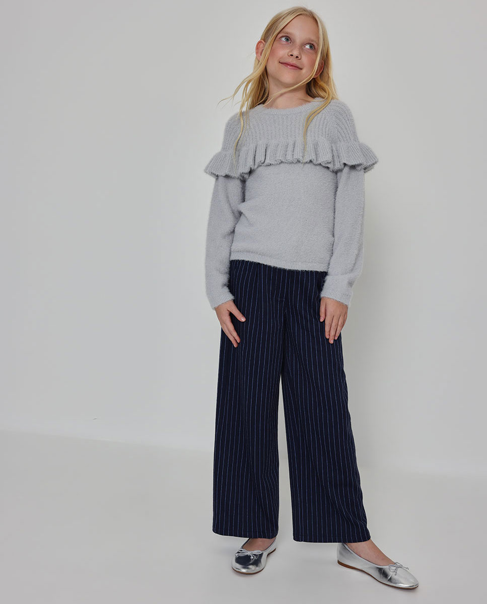 Pantalón de niña con estampado de rayas y tiro alto - Boboli - Azul / Blanco Azul / Blanco-1