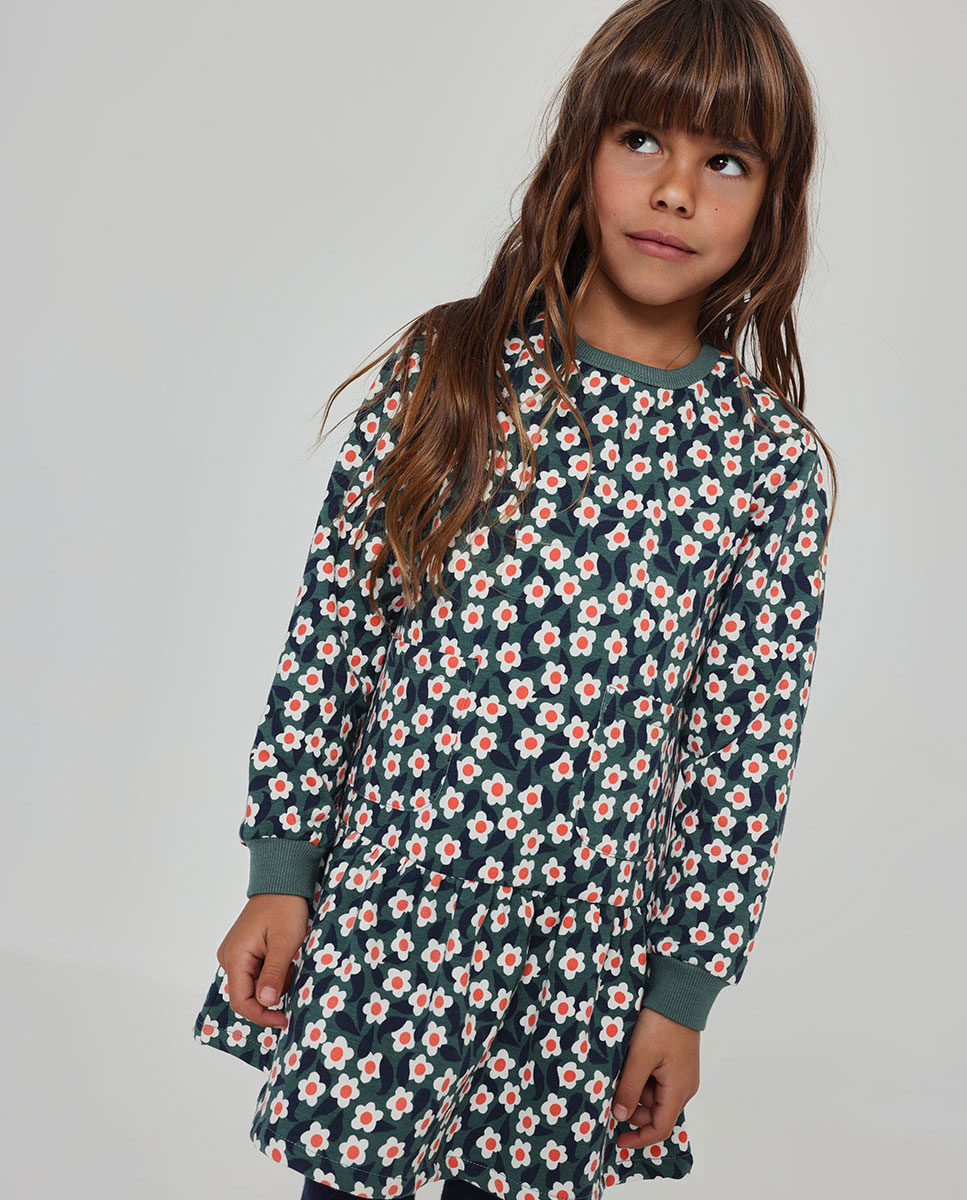 Imagen 0 de Vestido de felpa de niña con estampado de flores y manga larga Antracita / Blanco