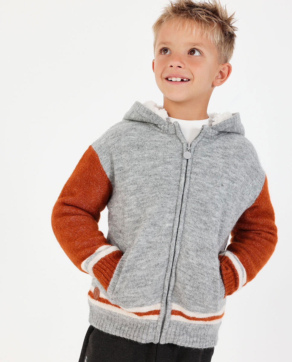 Imagen 1 de Chaqueta de punto de niño con capucha y cremallera Marrón / Blanco roto