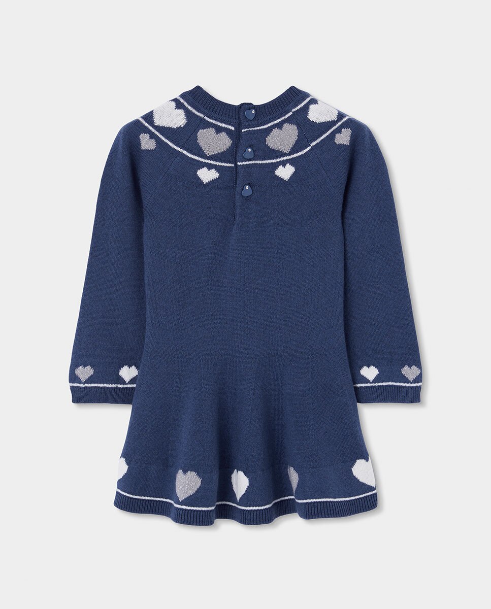 Vestido de punto de niña con estampado de corazones y manga larga - Boboli - Azul / Blanco Azul / Blanco-3