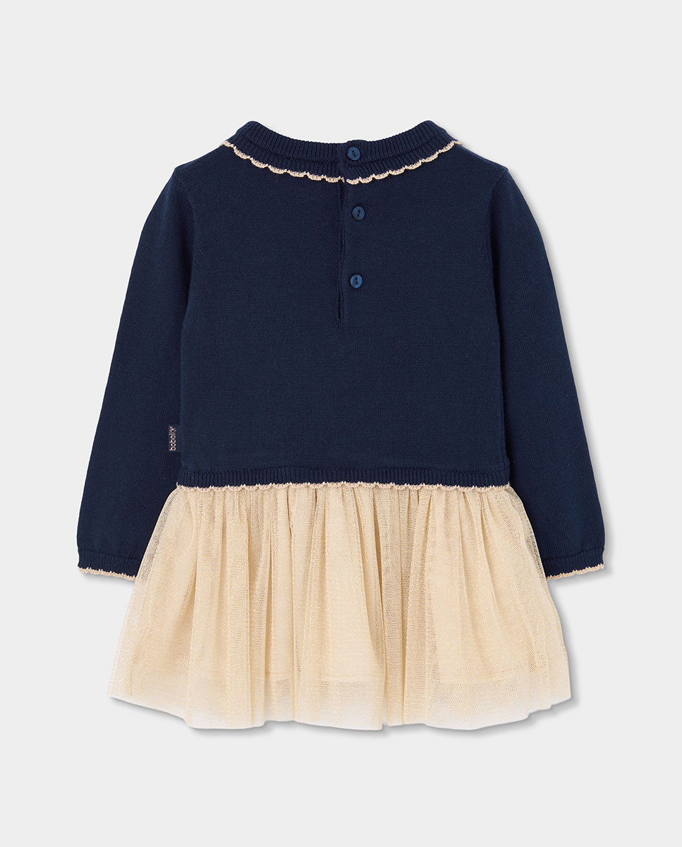 Vestido de punto de niña de manga larga con cuello redondo - Boboli - Azul / Blanco Azul / Blanco-3