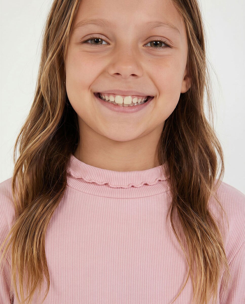Camiseta de niña de manga larga con cuello semicisne - Rosa Rosa-3