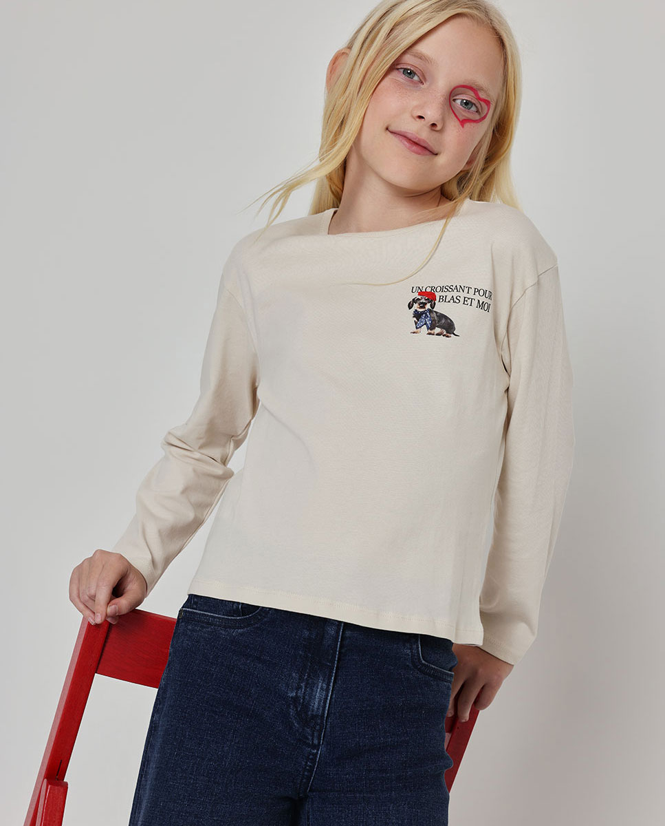 Imagen 0 de Camiseta de manga larga de niña de algodón con cuello redondo Gris / Negro