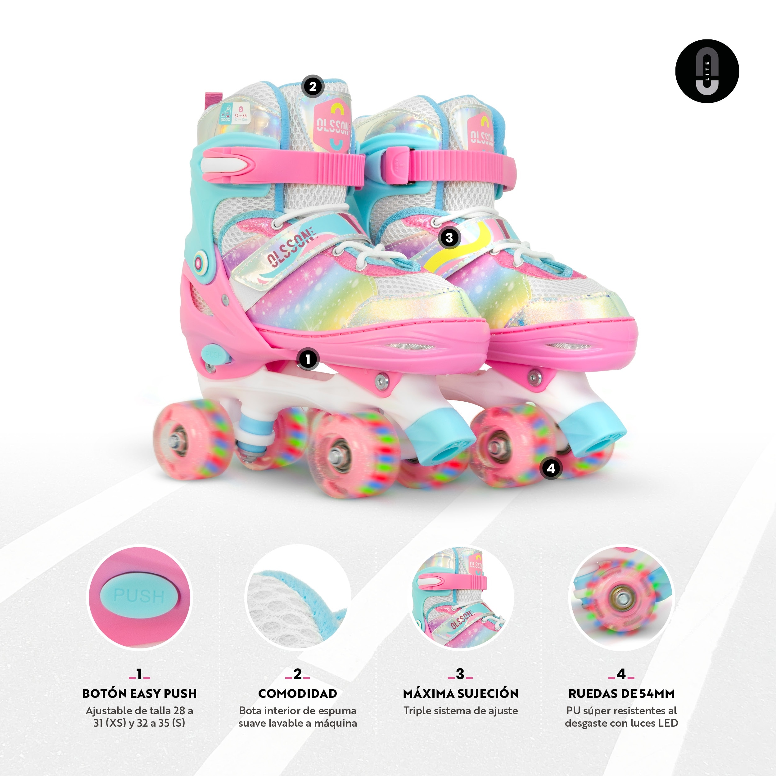 Patines 4 ruedas luz Blossom Olsson talla ajustable - Rosa Rosa-2
