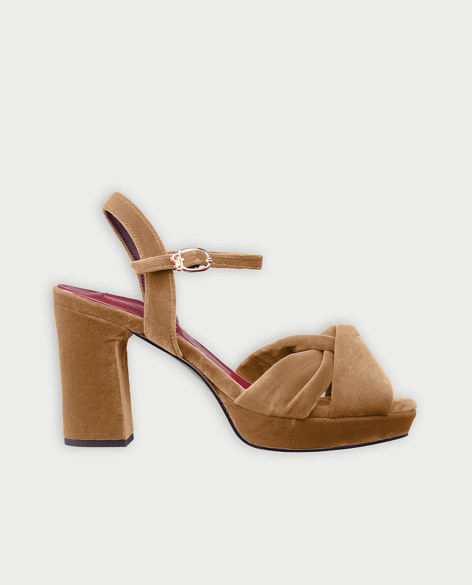 Sandalias de tacón de mujer cruzadas de terciopelo - Flabelus - Marrón claro Marrón claro-1