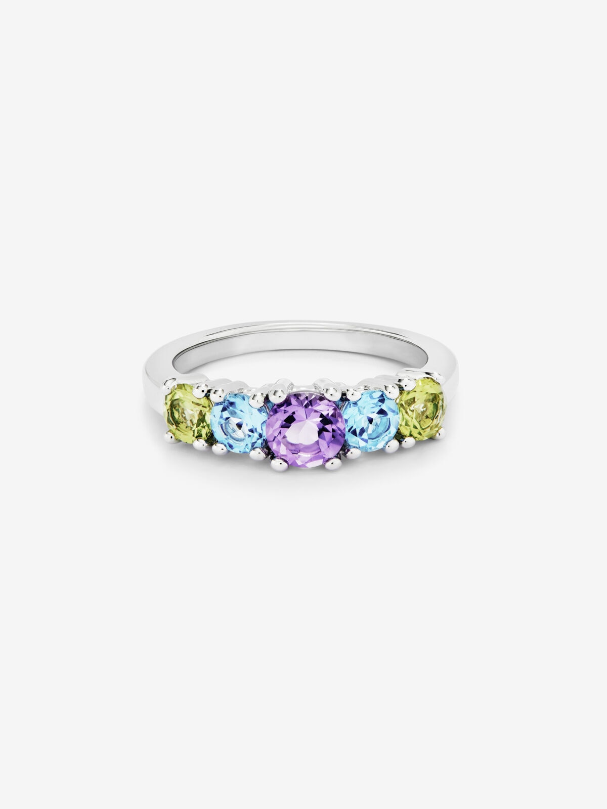 Anillo cinquillo de plata 925 con 2 peridotos, una amatista morada, y topacios azul swiss en talla brillante - SUAREZ - Multicolor Multicolor-3