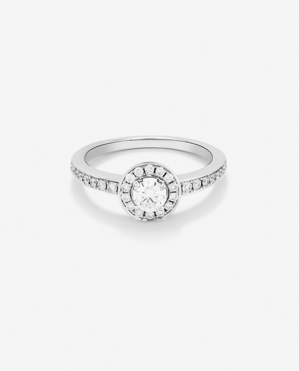 Anillo solitario de oro blanco de 18k con diamante central en talla brillante de 0,15 cts y orla y brazo con 30 diamantes en talla brillante con un total de 0,28 cts - SUAREZ - Blanco Blanco-3