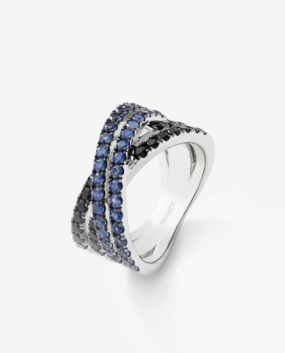 Imagen 1 de Anillo ancho cruzado doble de plata 925 con espinelas y zafiros Azul