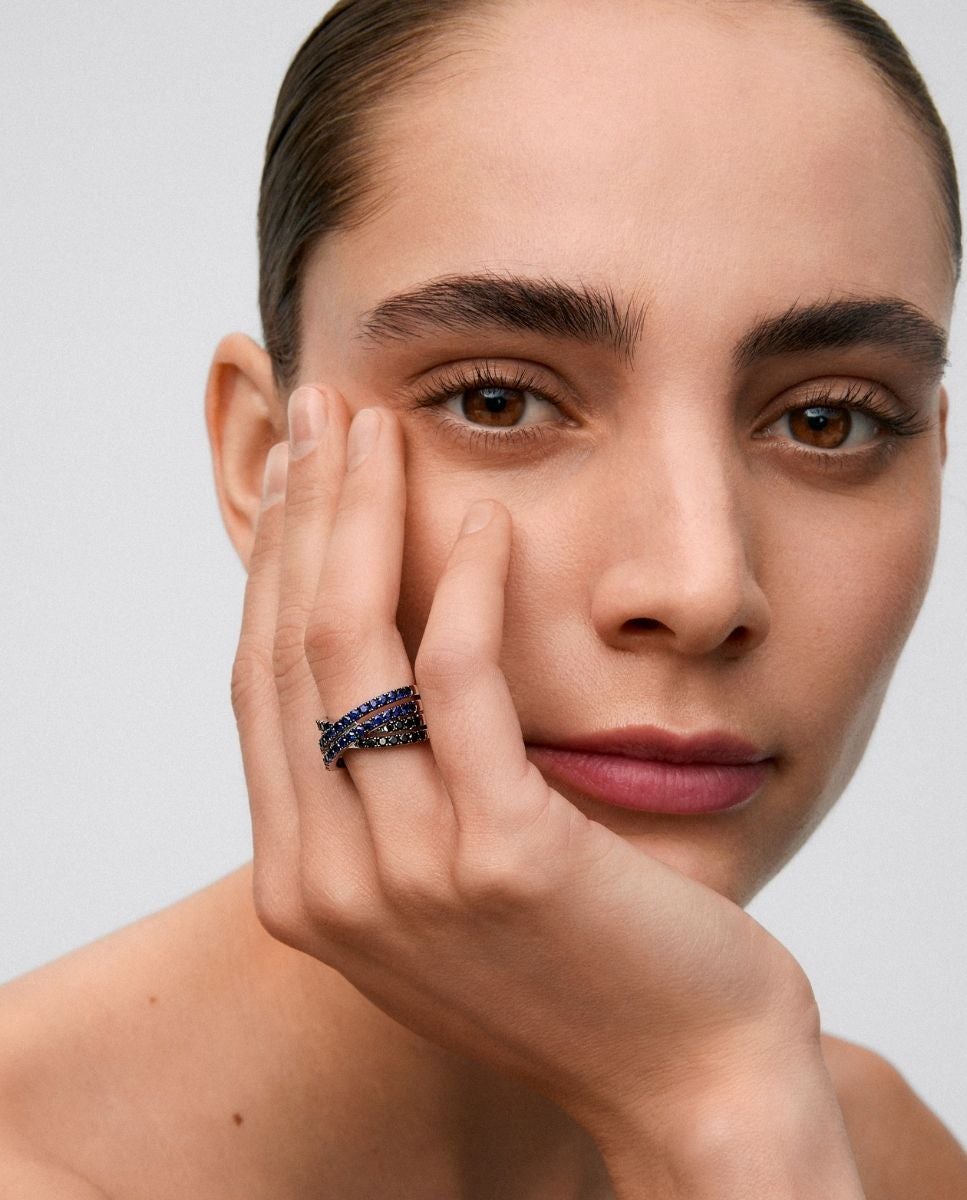 Imagen 2 de Anillo ancho cruzado doble de plata 925 con espinelas y zafiros - SUAREZ - Azul Azul