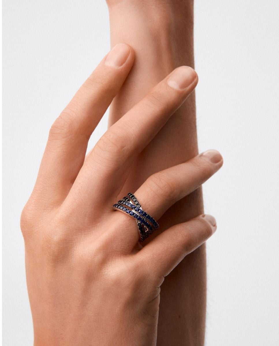Imagen 4 de Anillo ancho cruzado doble de plata 925 con espinelas y zafiros - SUAREZ - Azul Azul