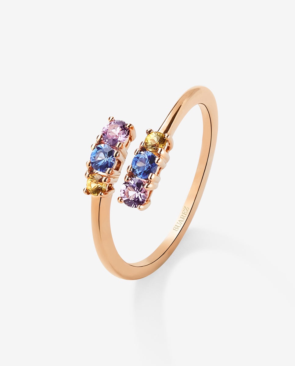 Imagen 0 de Anillo tú y yo de oro rosa de 18k con 6 zafiros multicolor con un total de 0,49 cts Azul