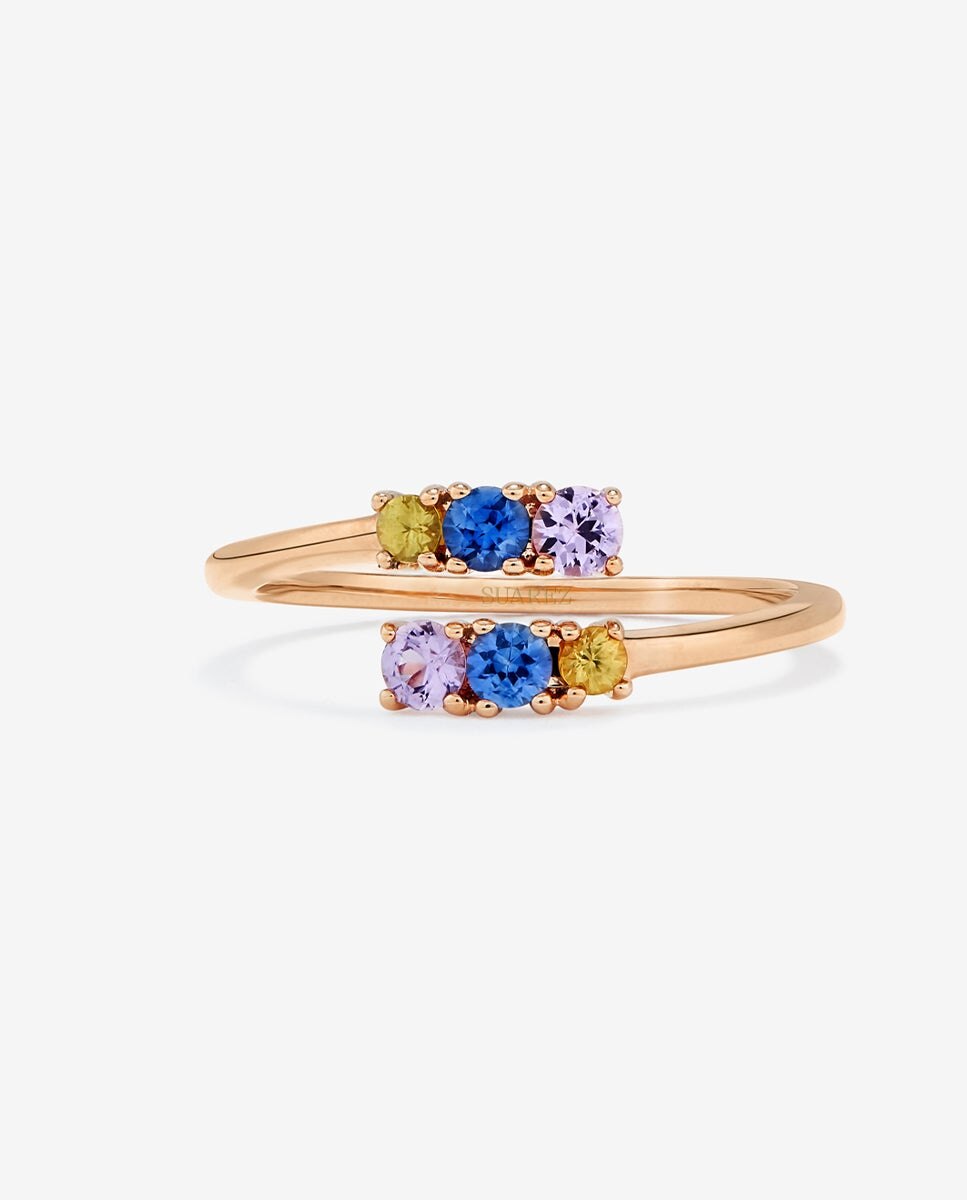 Anillo tú y yo de oro rosa de 18k con 6 zafiros multicolor con un total de 0,49 cts - SUAREZ - Azul Azul-3