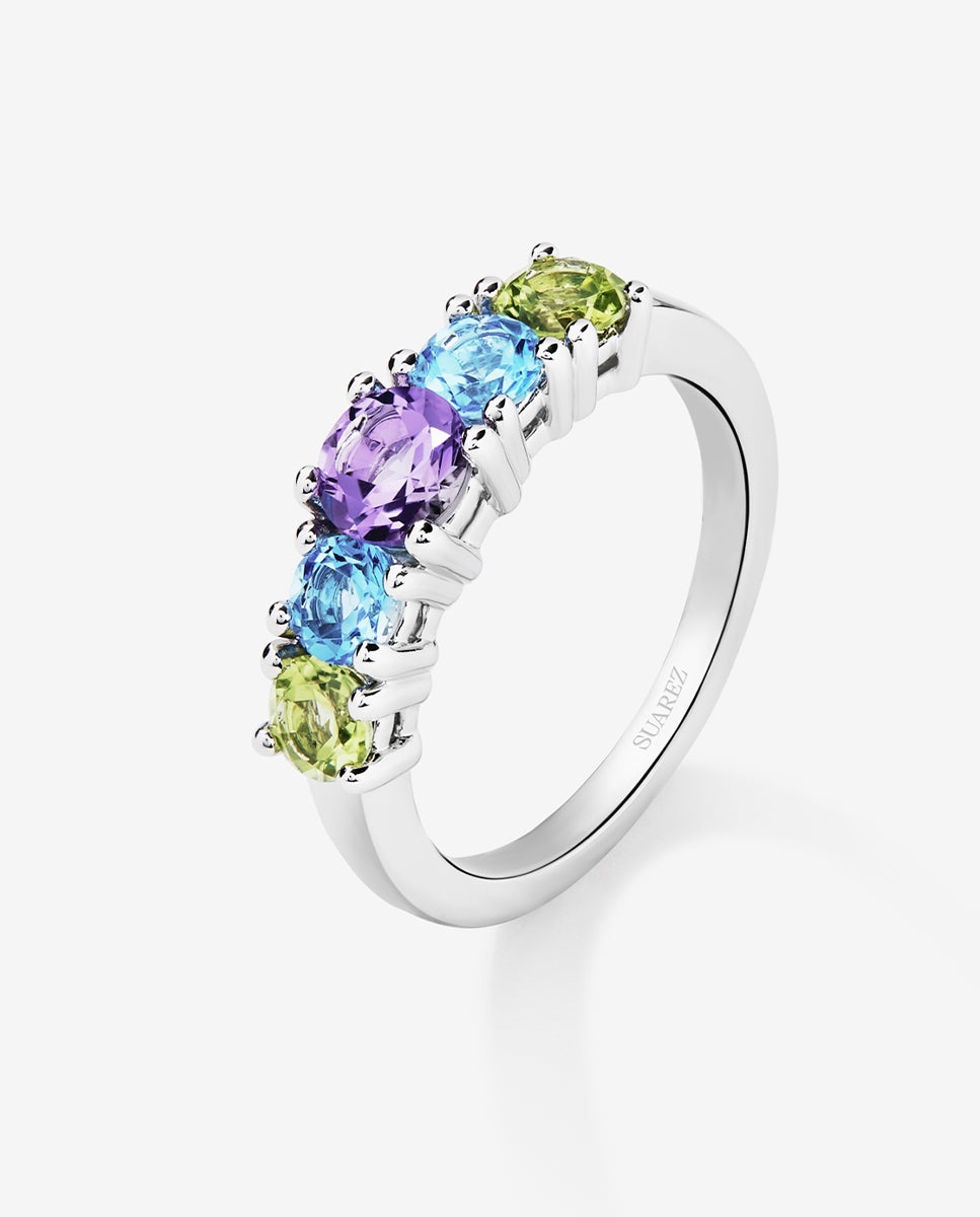 Imagen 0 de Anillo cinquillo de plata 925 con 2 peridotos, una amatista morada, y topacios azul swiss en talla brillante Azul