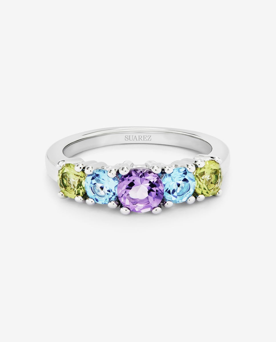 Anillo cinquillo de plata 925 con 2 peridotos, una amatista morada, y topacios swiss en talla brillante - SUAREZ - Azul Azul-3