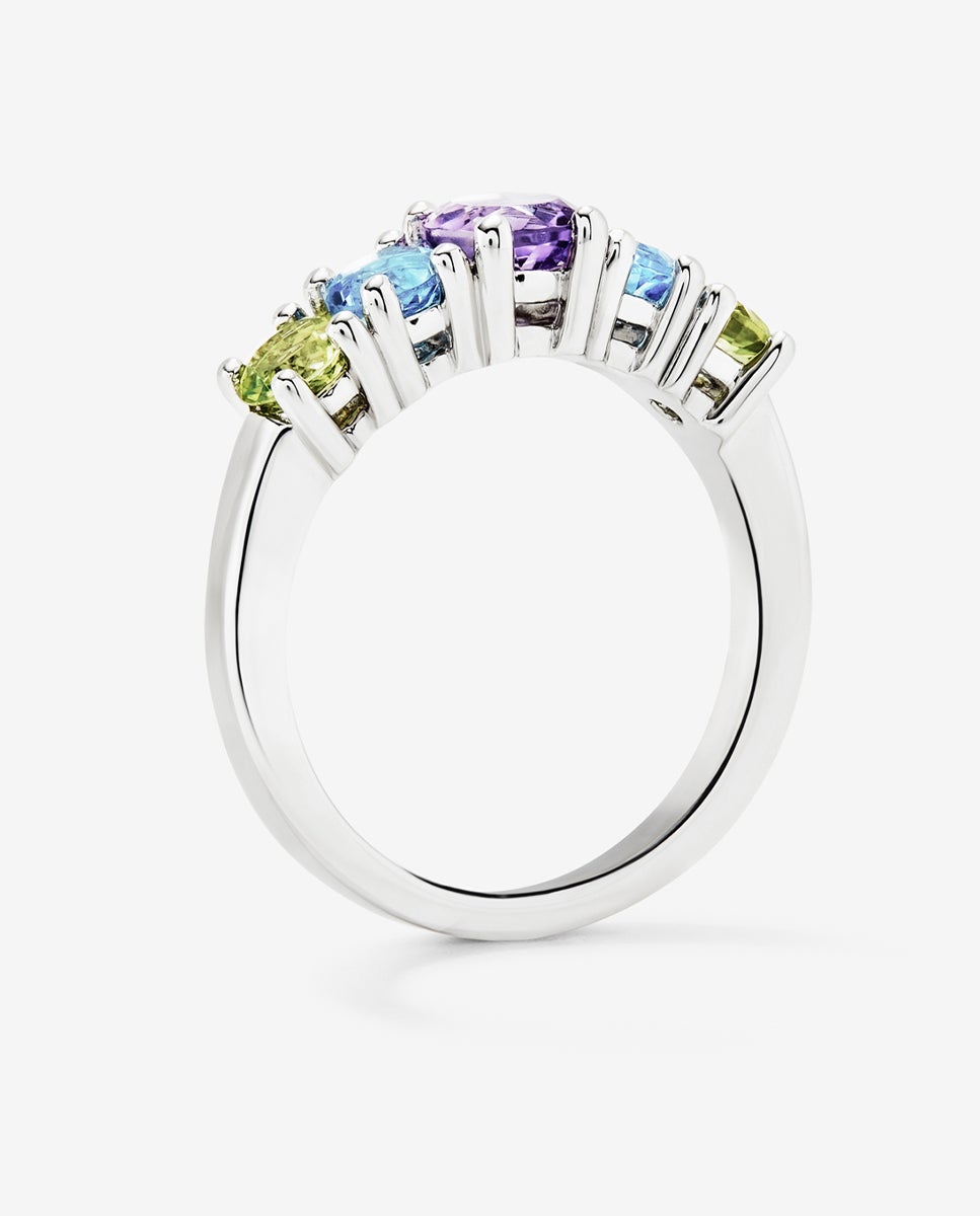 Anillo cinquillo de plata 925 con 2 peridotos, una amatista morada, y topacios swiss en talla brillante - SUAREZ - Azul Azul-5