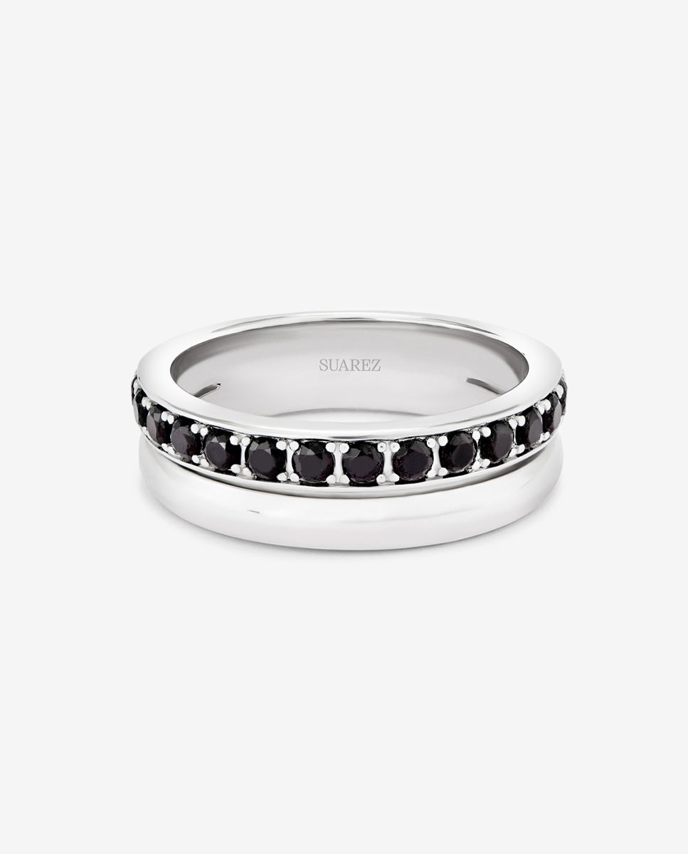 Anillo de plata 925 con 15 espinelas en talla brillante - SUAREZ - Blanco / Negro Blanco / Negro-2