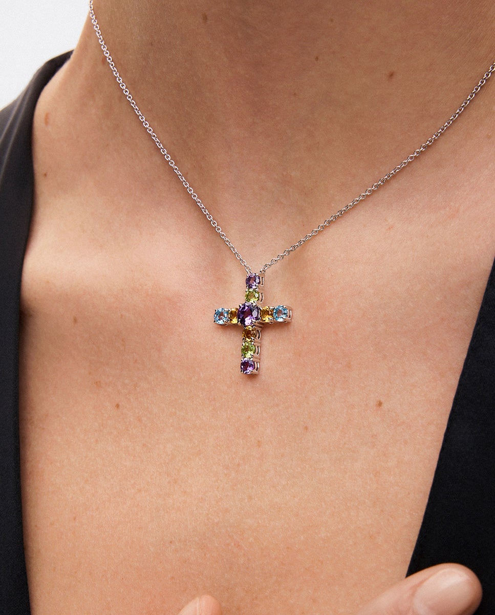 Imagen 4 de Colgante con cruz de plata 925 con gemas multicolor - SUAREZ - Blanco Blanco