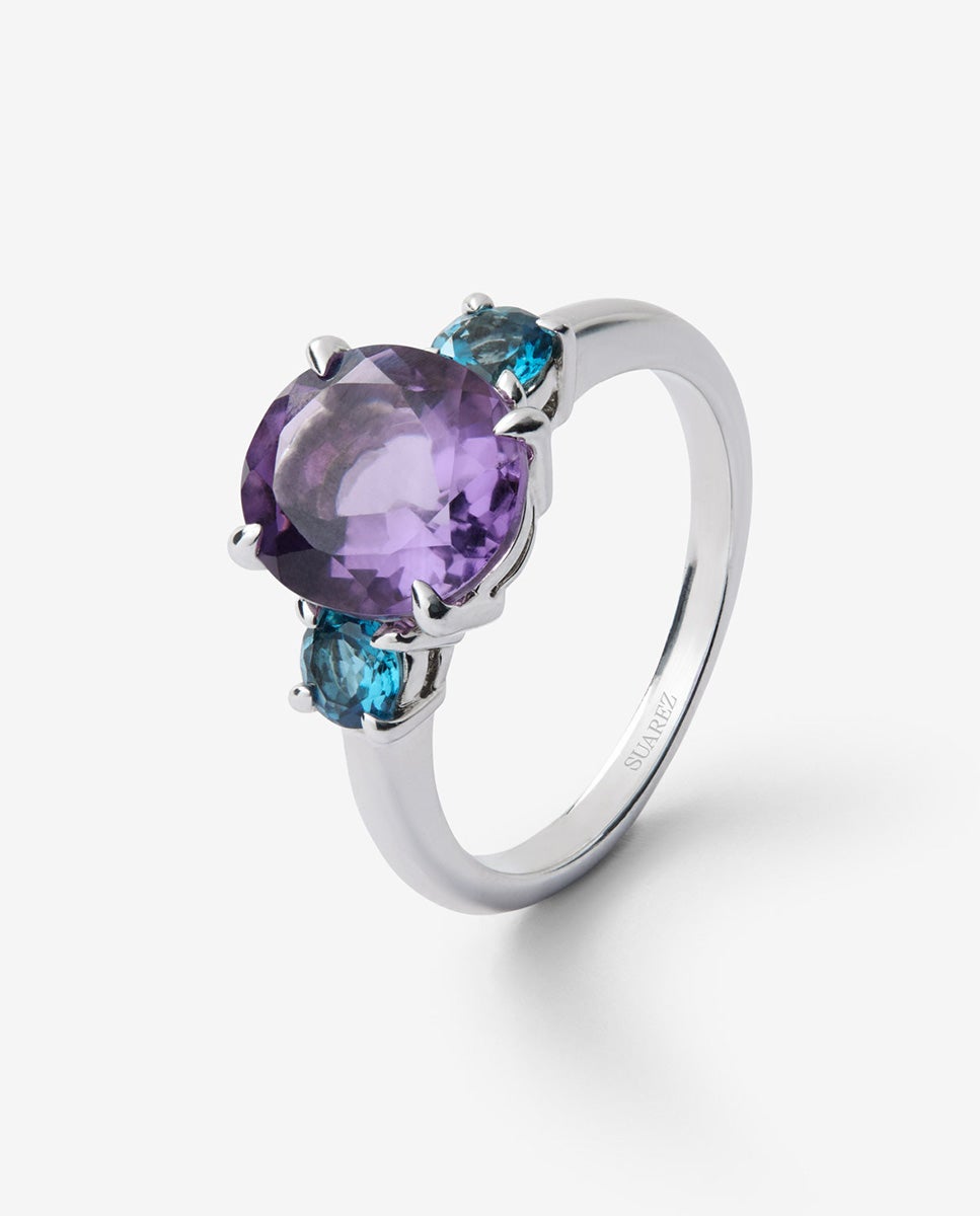 Anillo de plata 925 con amatista morada y topacio azul london - SUAREZ - Blanco Blanco-1