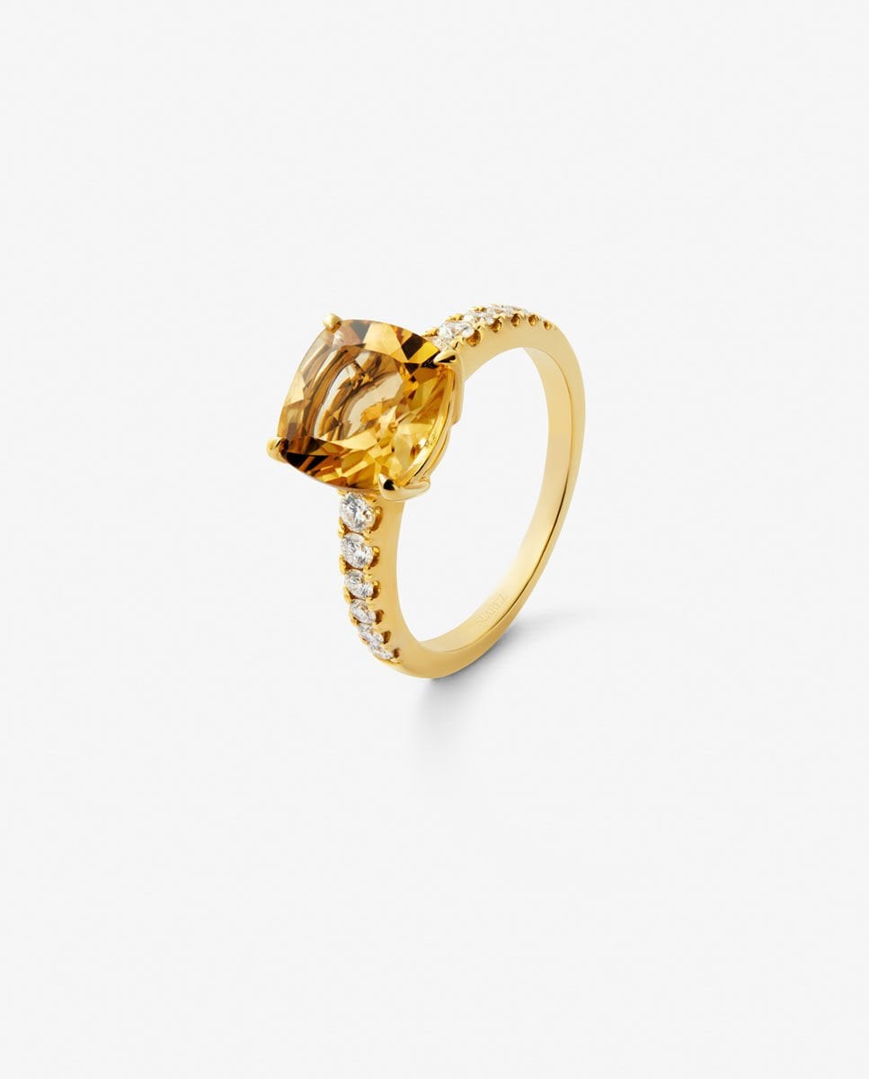 Anillo de oro amarillo de 18K con diamantes y cuarzo citrino
