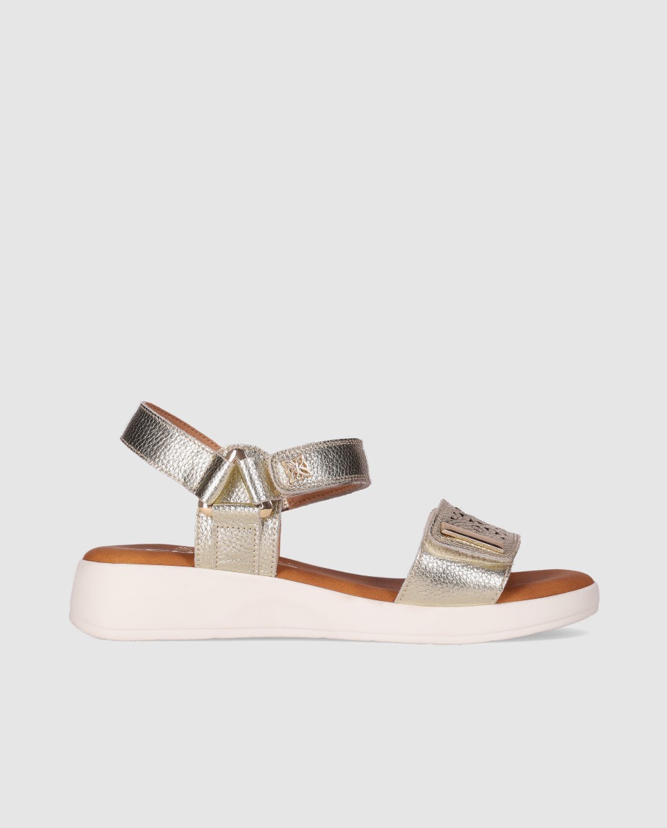 Sandalias de cuña en piel de mujer ajustable con cierre de cierre adherente - Chika10 - Dorado Dorado-1