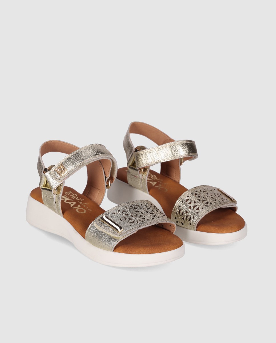 Sandalias de cuña en piel de mujer ajustable con cierre de cierre adherente - Chika10 - Dorado Dorado-3