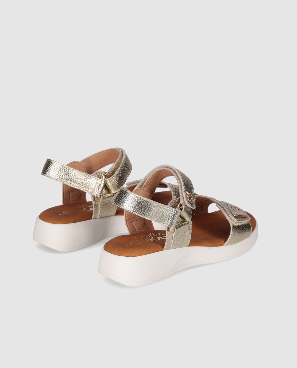 Sandalias de cuña en piel de mujer ajustable con cierre de cierre adherente - Chika10 - Dorado Dorado-2