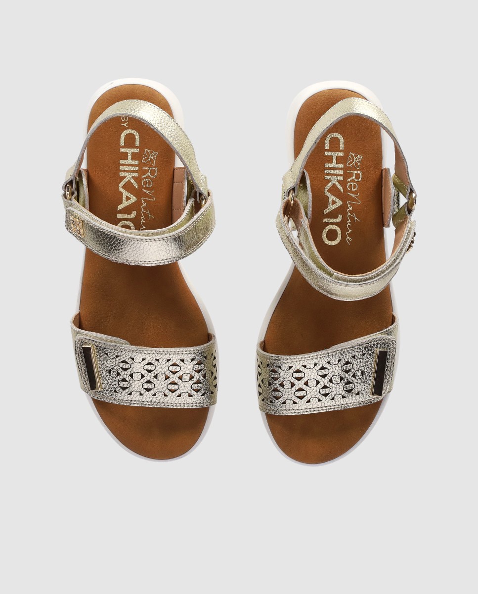 Sandalias de cuña en piel de mujer ajustable con cierre de cierre adherente - Chika10 - Dorado Dorado-4