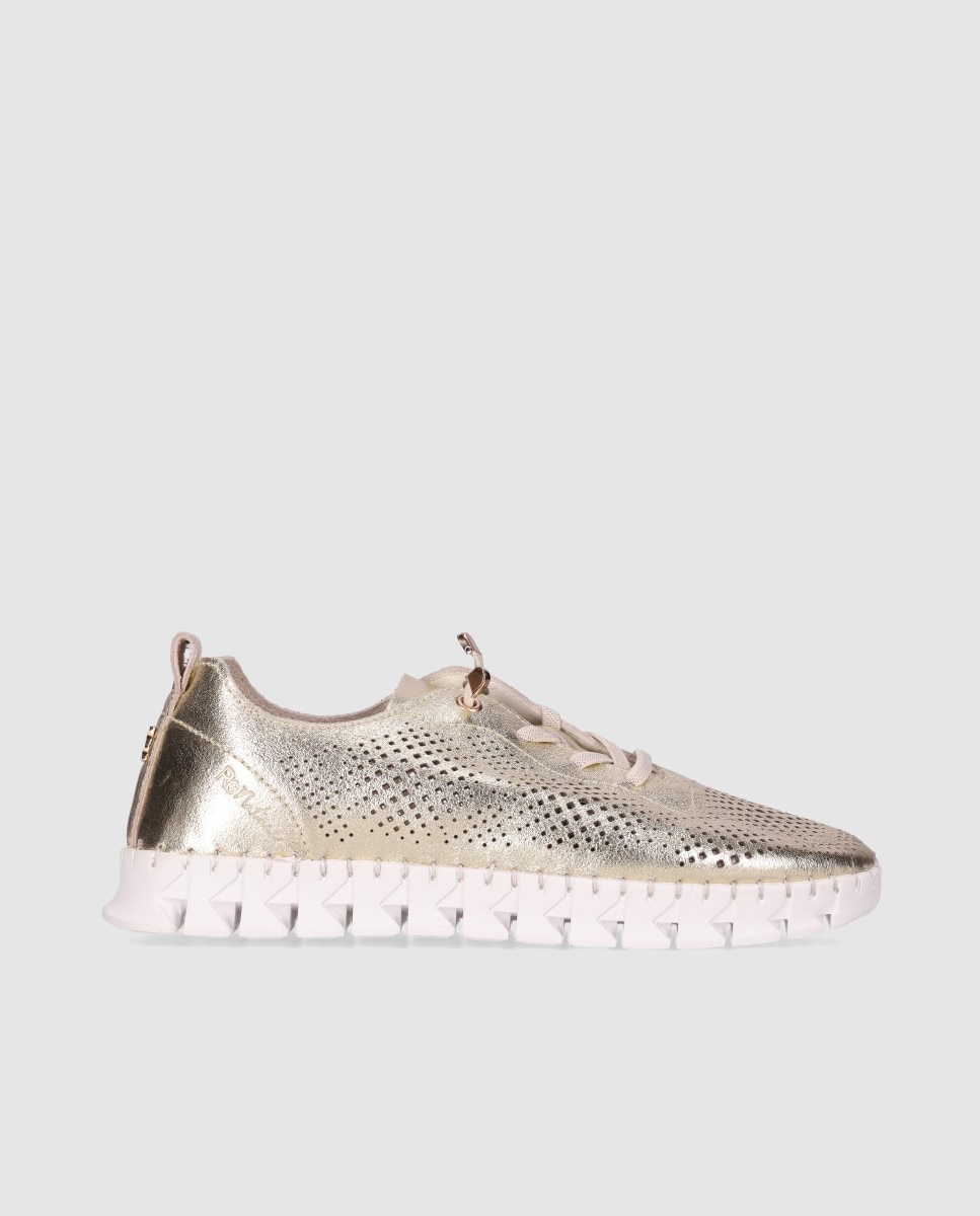 Zapatos de cordones de mujer en piel con puntera redonda y cierre de cordones elásticos - Chika10 - Oro Oro-1