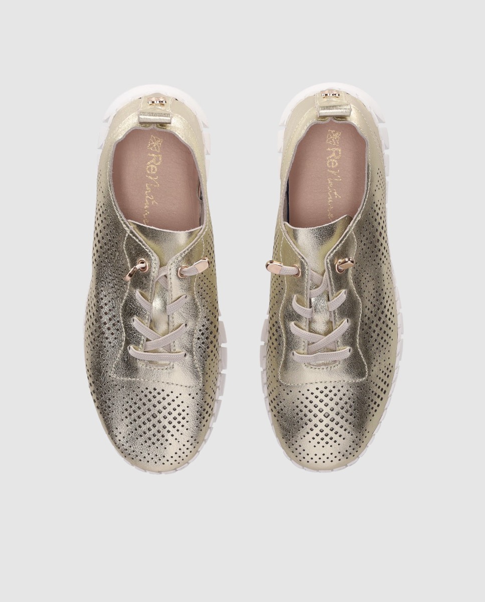 Zapatos de cordones de mujer en piel con puntera redonda y cierre de cordones elásticos - Chika10 - Oro Oro-5