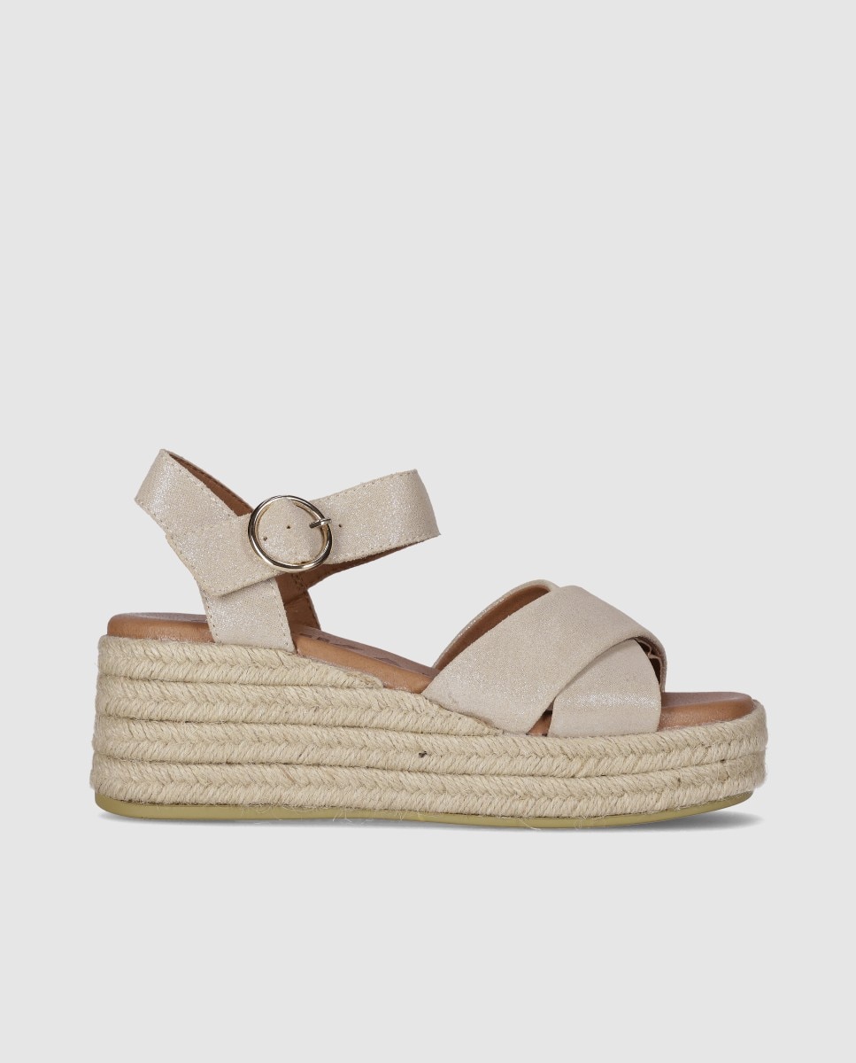Alpargatas de cuña de mujer con tiras cruzadas y cierre con hebilla redonda al tobillo - Chika10 - Beige Beige-1