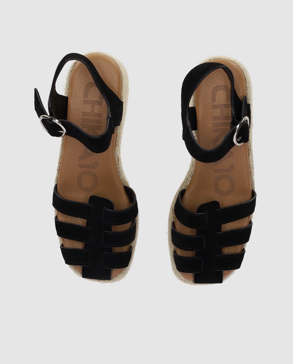 Alpargatas de cuña de mujer en piel con tiras combinadas tipo cangrejera y cierre en hebilla - Chika10 - Negro Negro-4