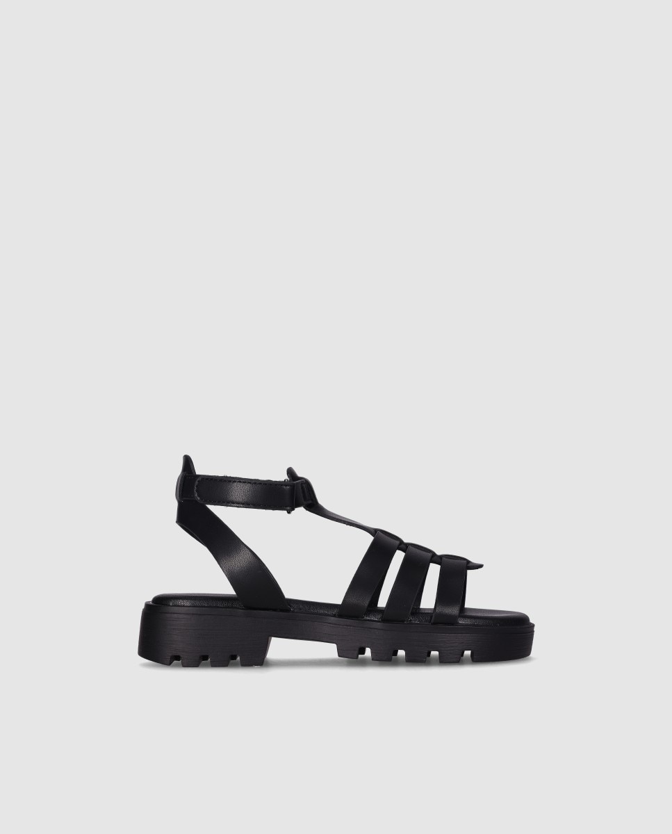 Sandalias abiertas de niña en piel de estilo romano con suela dentada - Chika10 Kids - Negro Negro-1