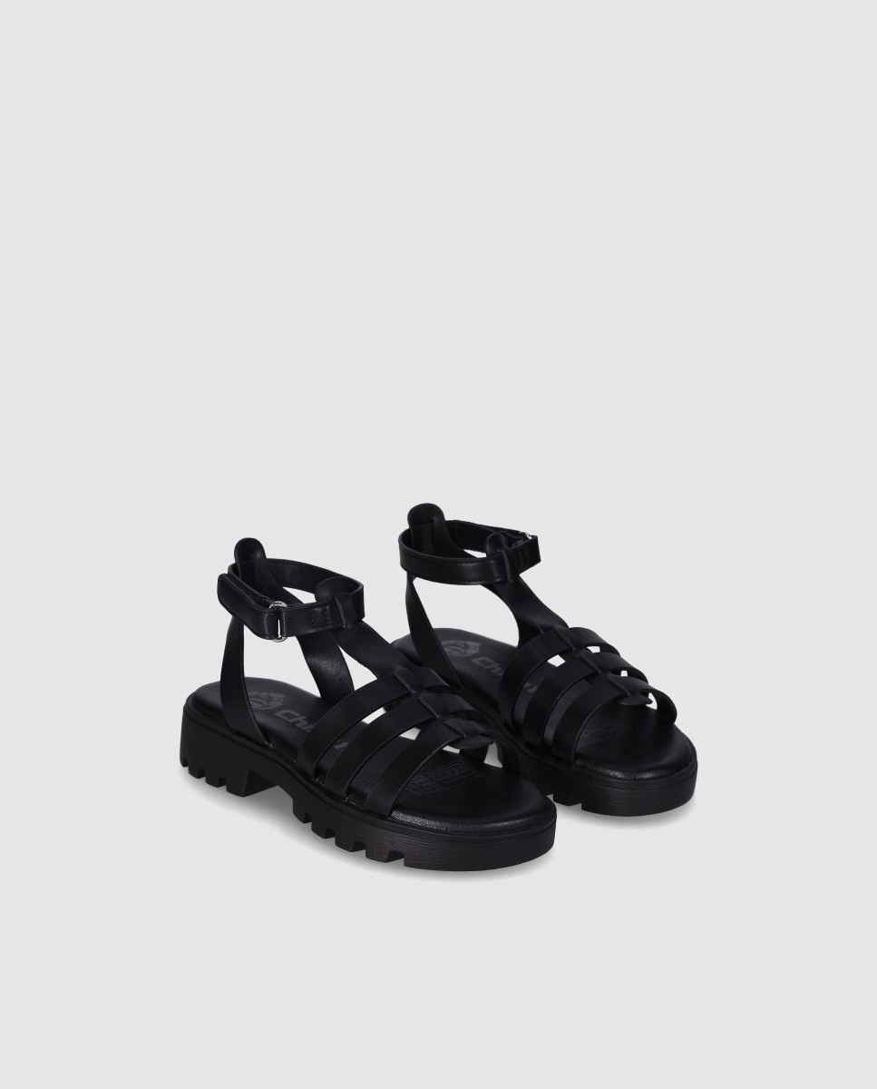 Sandalias abiertas de niña en piel de estilo romano con suela dentada - Chika10 Kids - Negro Negro-2