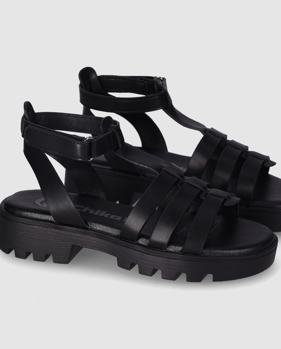 Sandalias abiertas de niña en piel de estilo romano con suela dentada - Chika10 Kids - Negro Negro-5