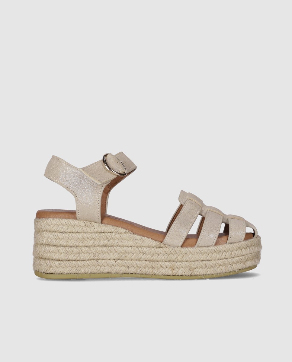 Alpargatas de cuña de mujer en piel con tiras combinadas tipo cangrejera y cierre en hebilla - Chika10 - Beige Beige-1