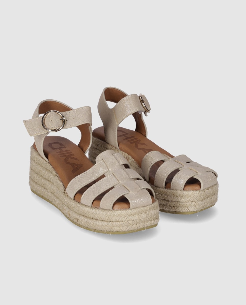 Alpargatas de cuña de mujer en piel con tiras combinadas tipo cangrejera y cierre en hebilla - Chika10 - Beige Beige-3