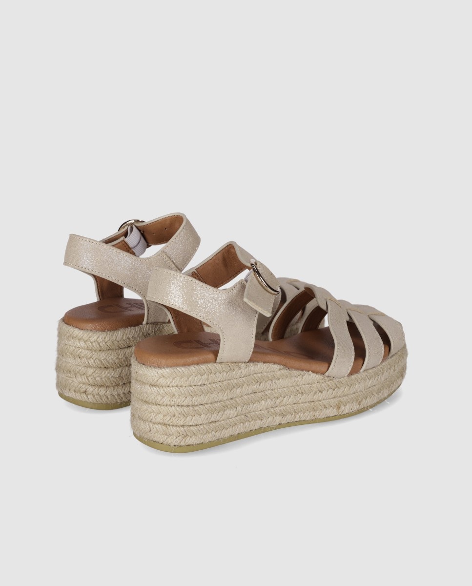 Alpargatas de cuña de mujer en piel con tiras combinadas tipo cangrejera y cierre en hebilla - Chika10 - Beige Beige-2