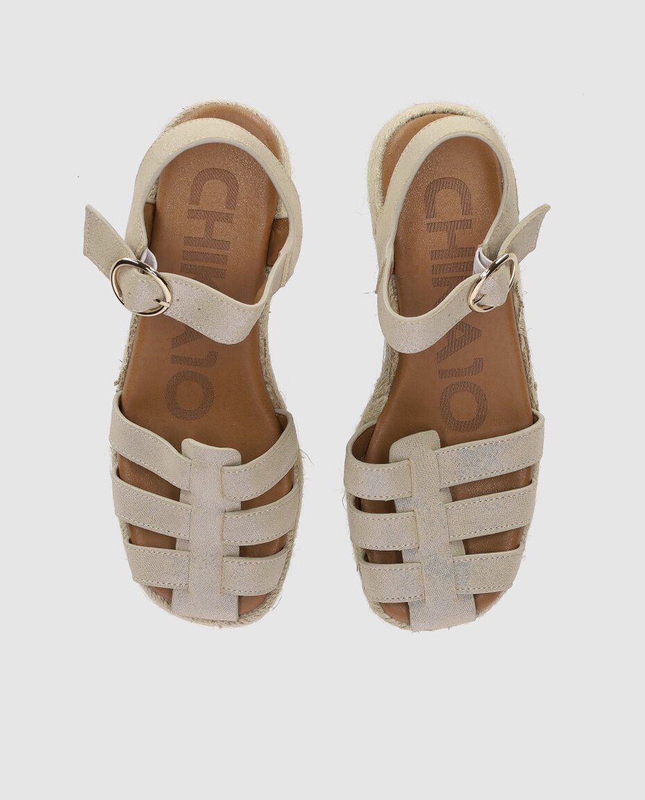 Alpargatas de cuña de mujer en piel con tiras combinadas tipo cangrejera y cierre en hebilla - Chika10 - Beige Beige-4