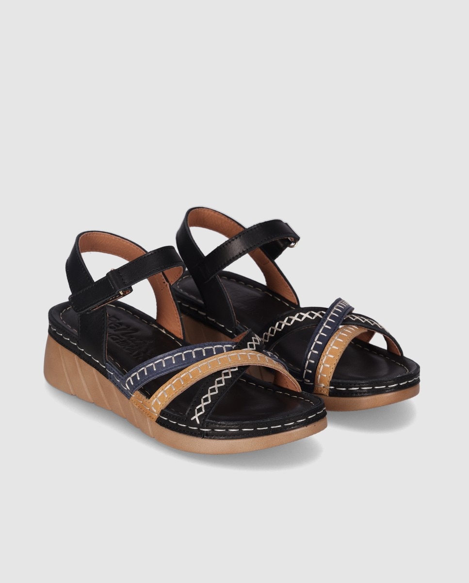 Sandalias de cuña baja de mujer en piel con tiras cruzadas en la pala y cierre ajustable - Chika10 - Negro / Naranja Negro / Naranja-3