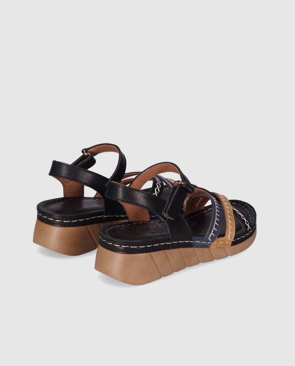 Sandalias de cuña baja de mujer en piel con tiras cruzadas en la pala y cierre ajustable - Chika10 - Negro / Naranja Negro / Naranja-2