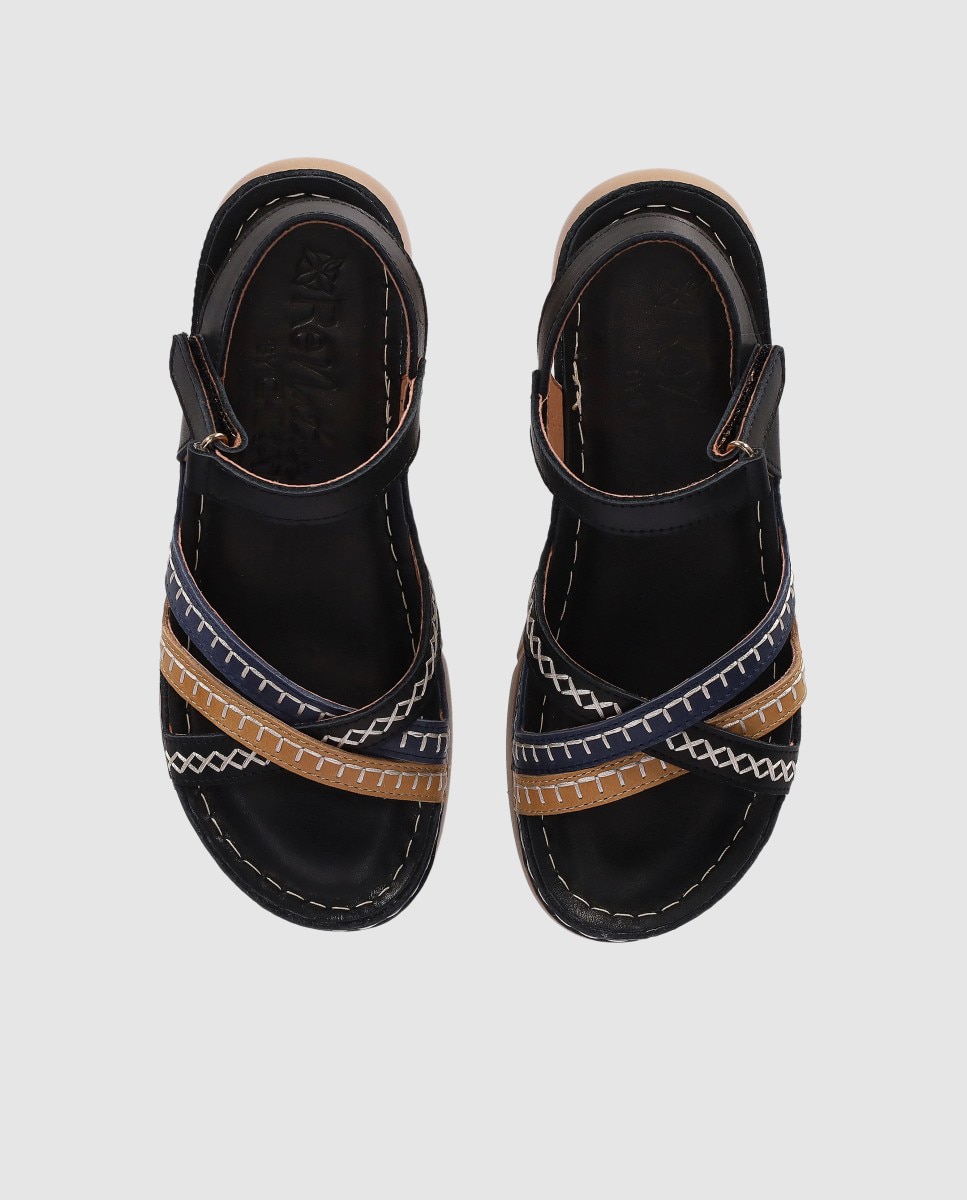Sandalias de cuña baja de mujer en piel con tiras cruzadas en la pala y cierre ajustable - Chika10 - Negro / Naranja Negro / Naranja-4