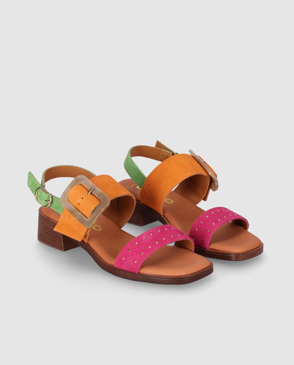 Sandalia de tacón de mujer en piel con hebilla decorativa y plantilla acolchada - Chika10 - Verde Verde-2